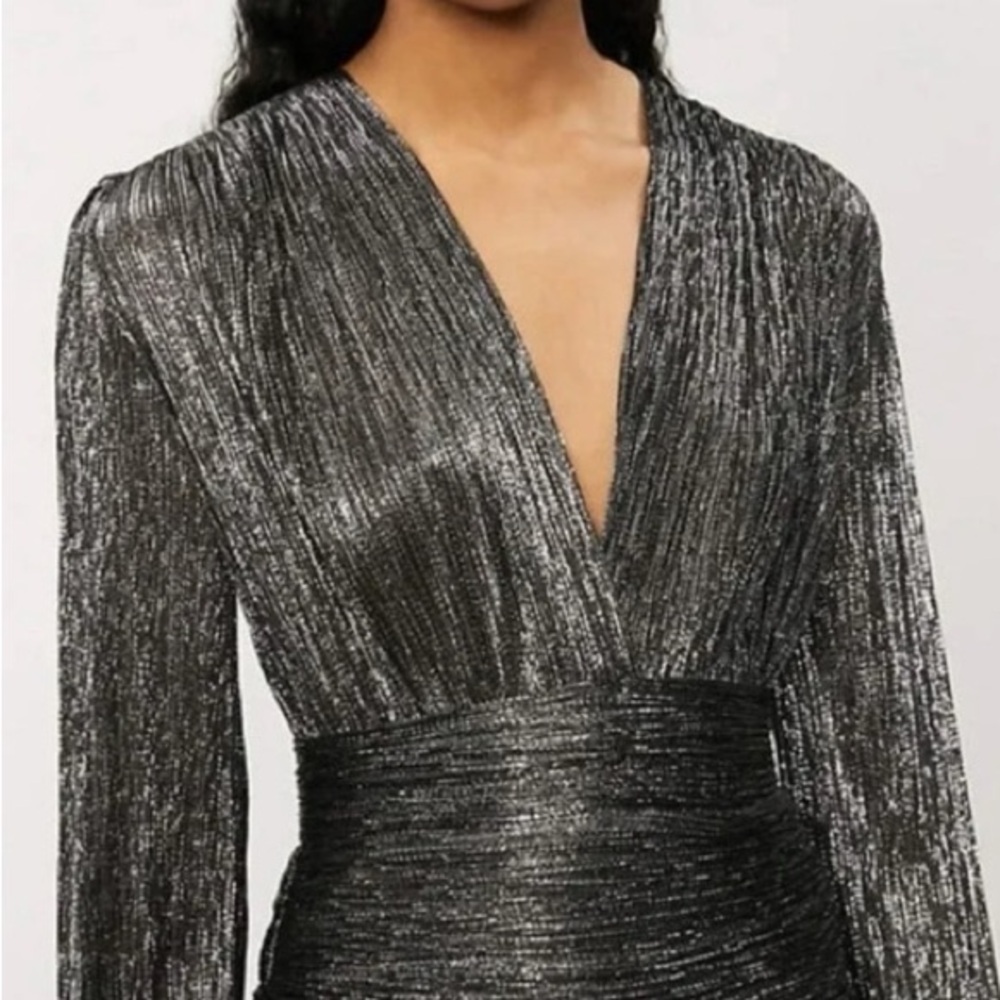 Maje Runny Black & Silver Metallic V-Neck Long Sleeve Drape Mini Dress View 5